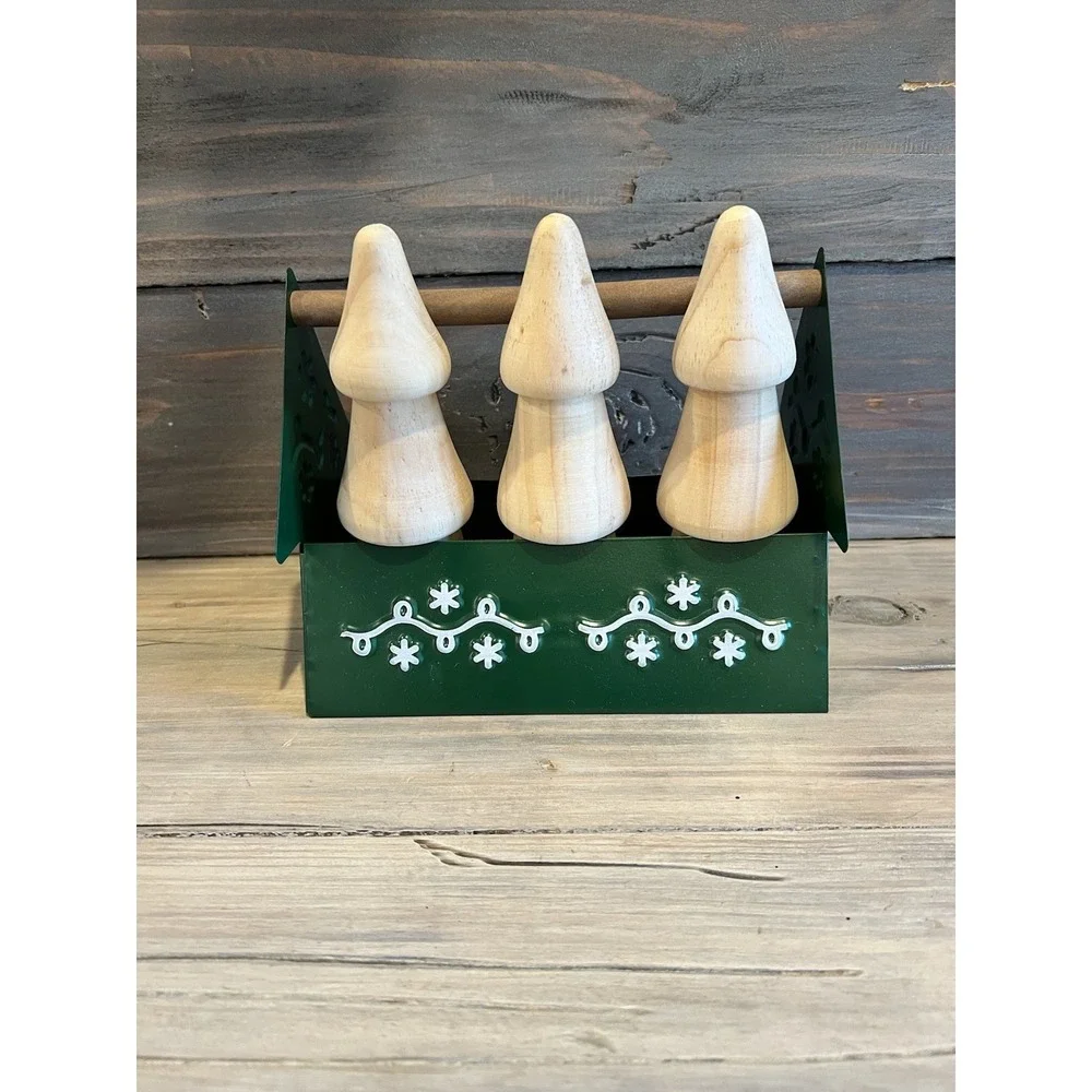 Wooden Christmas Tree Figurines In Green Metal Basket Farmhouse Holiday Decor